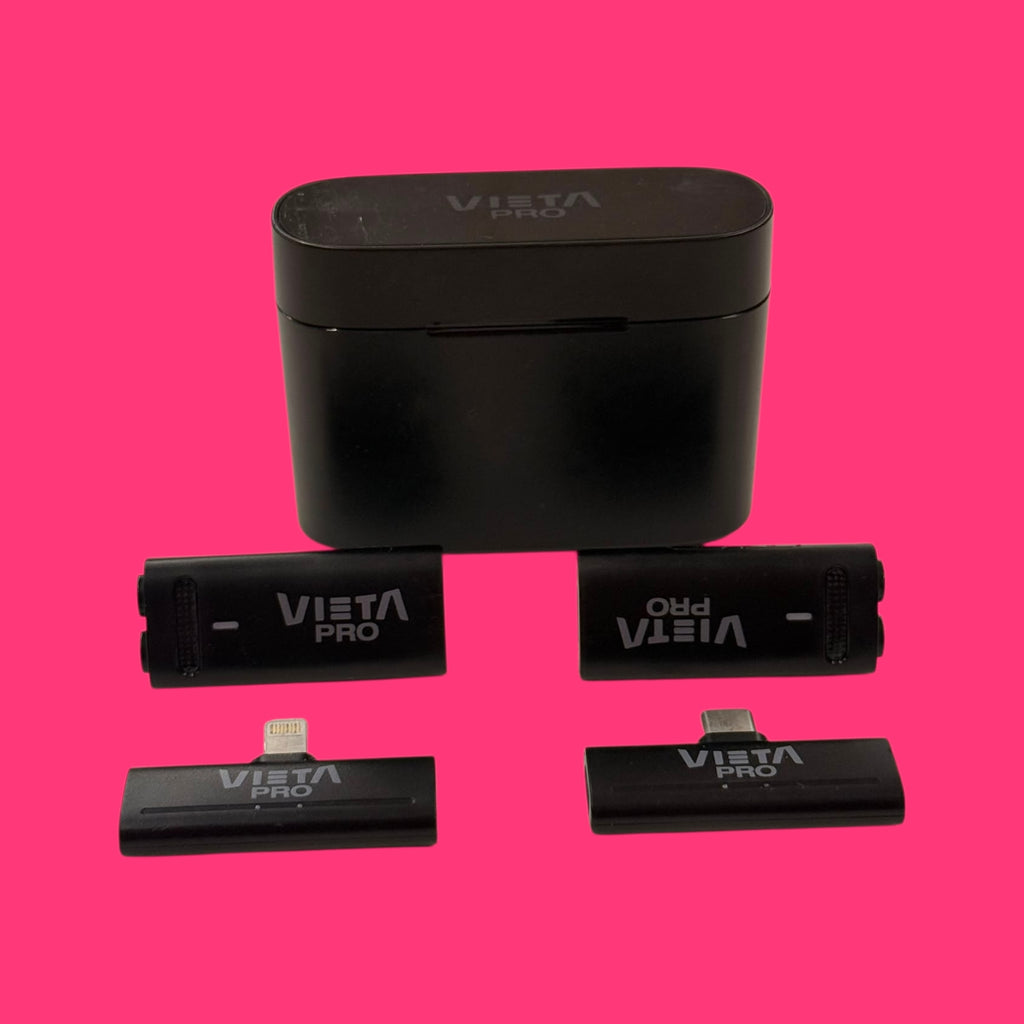 MICROFONO INALAMBRICO PARA MOVIL O TABLET VIETA PRO INFLUENCER EN FUNDA CARGADOR NEGROS