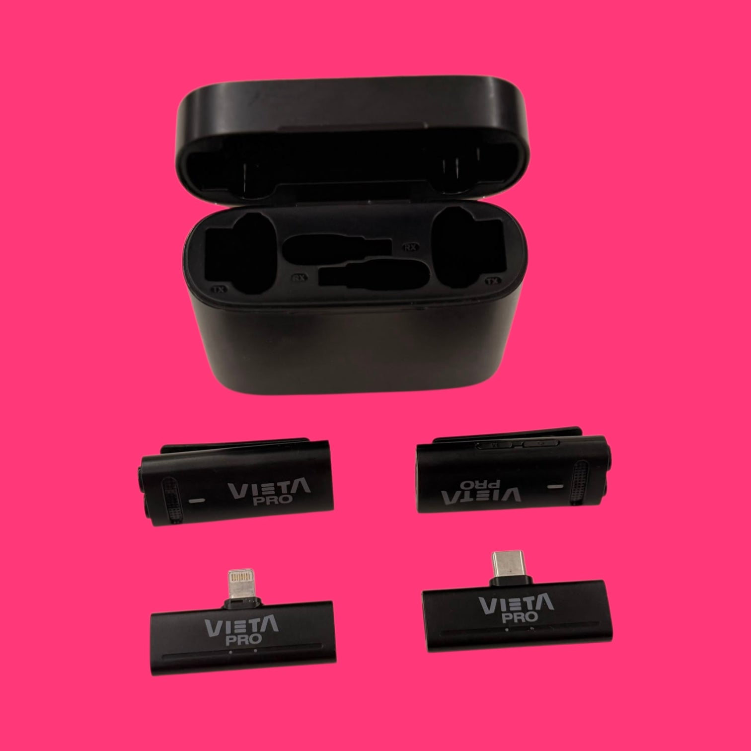 MICROFONO INALAMBRICO PARA MOVIL O TABLET VIETA PRO INFLUENCER EN FUNDA CARGADOR NEGROS