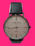 RELOJ PULSERA ANALOGICO DANIEL PHILIP ESFERA BLANCA CORREA PIEL NEGRA
