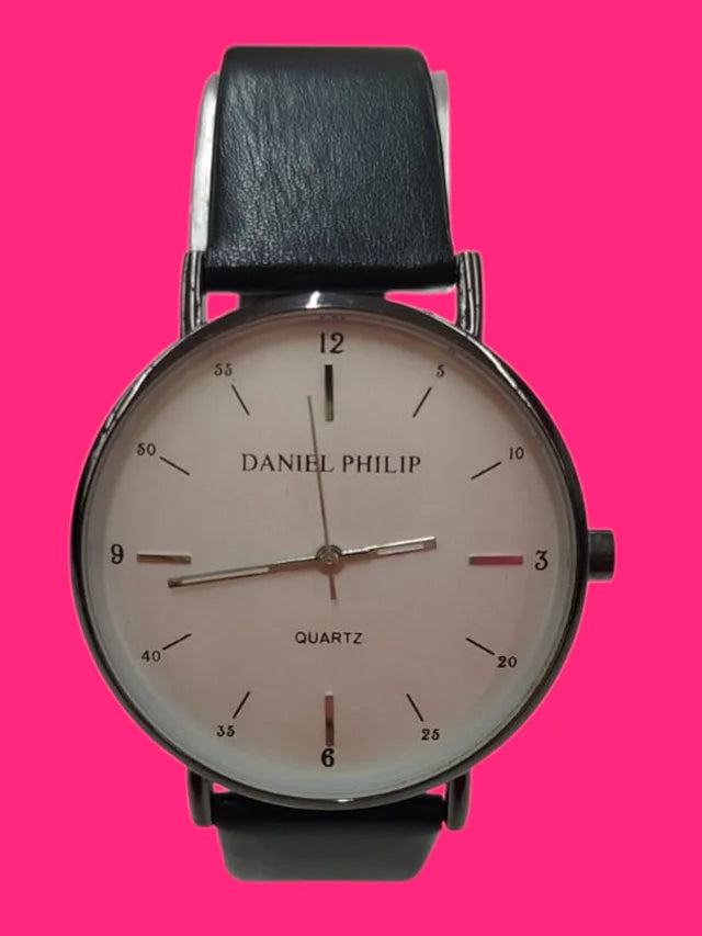 RELOJ PULSERA ANALOGICO DANIEL PHILIP ESFERA BLANCA CORREA PIEL NEGRA