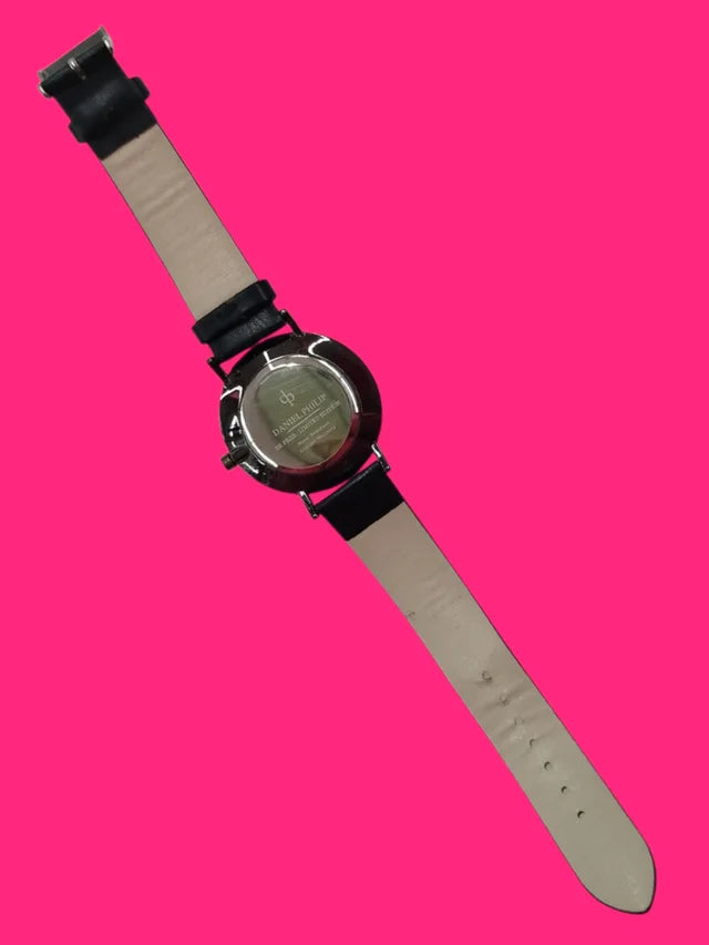 RELOJ PULSERA ANALOGICO DANIEL PHILIP ESFERA BLANCA CORREA PIEL NEGRA