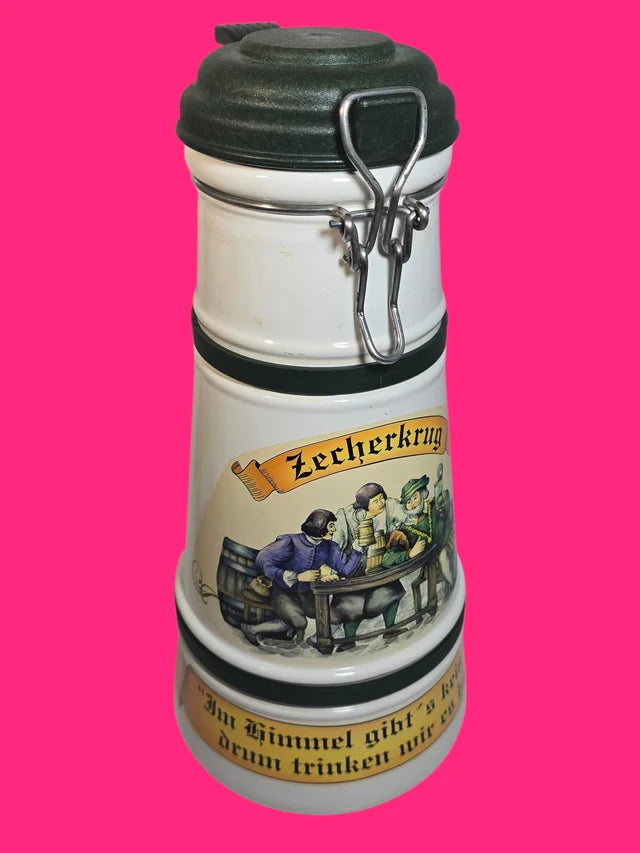 JARRA CERVEZA ALEMANA CON TAPA BLANCA Y VERDE 32 CENTIMETROS ALTURA
